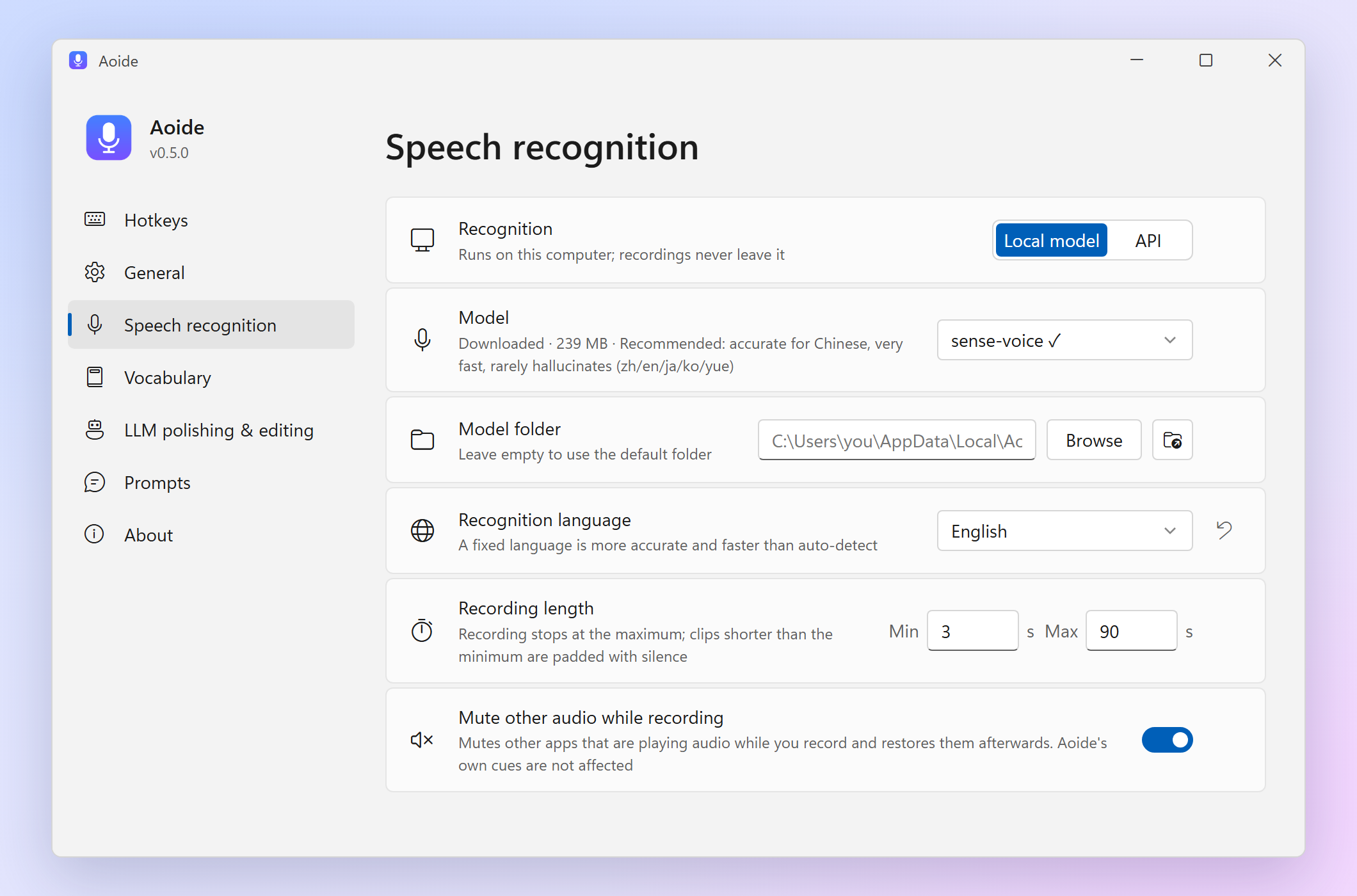 The settings window